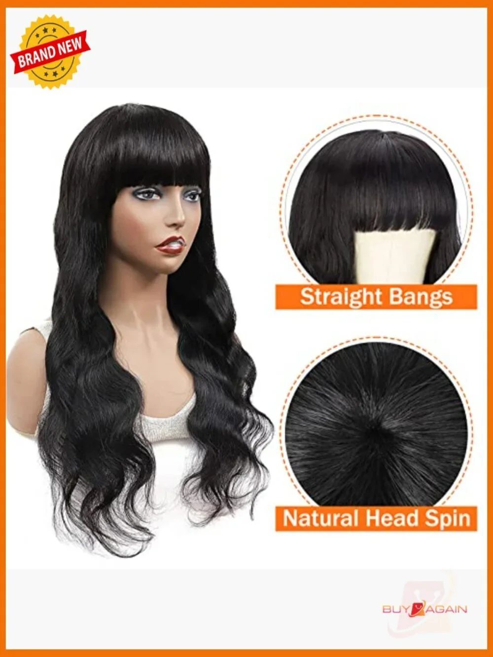 150% Density Brazilian Virgin Hair Glueless Wig with Bangs